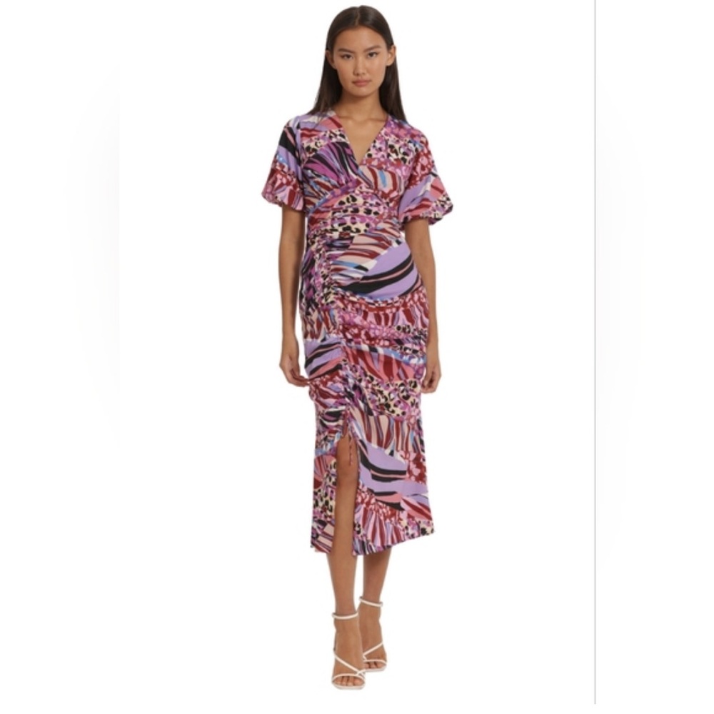 DONNA MORGAN Multicolored Puff Sleeve Dress Ruched Midi Size 4